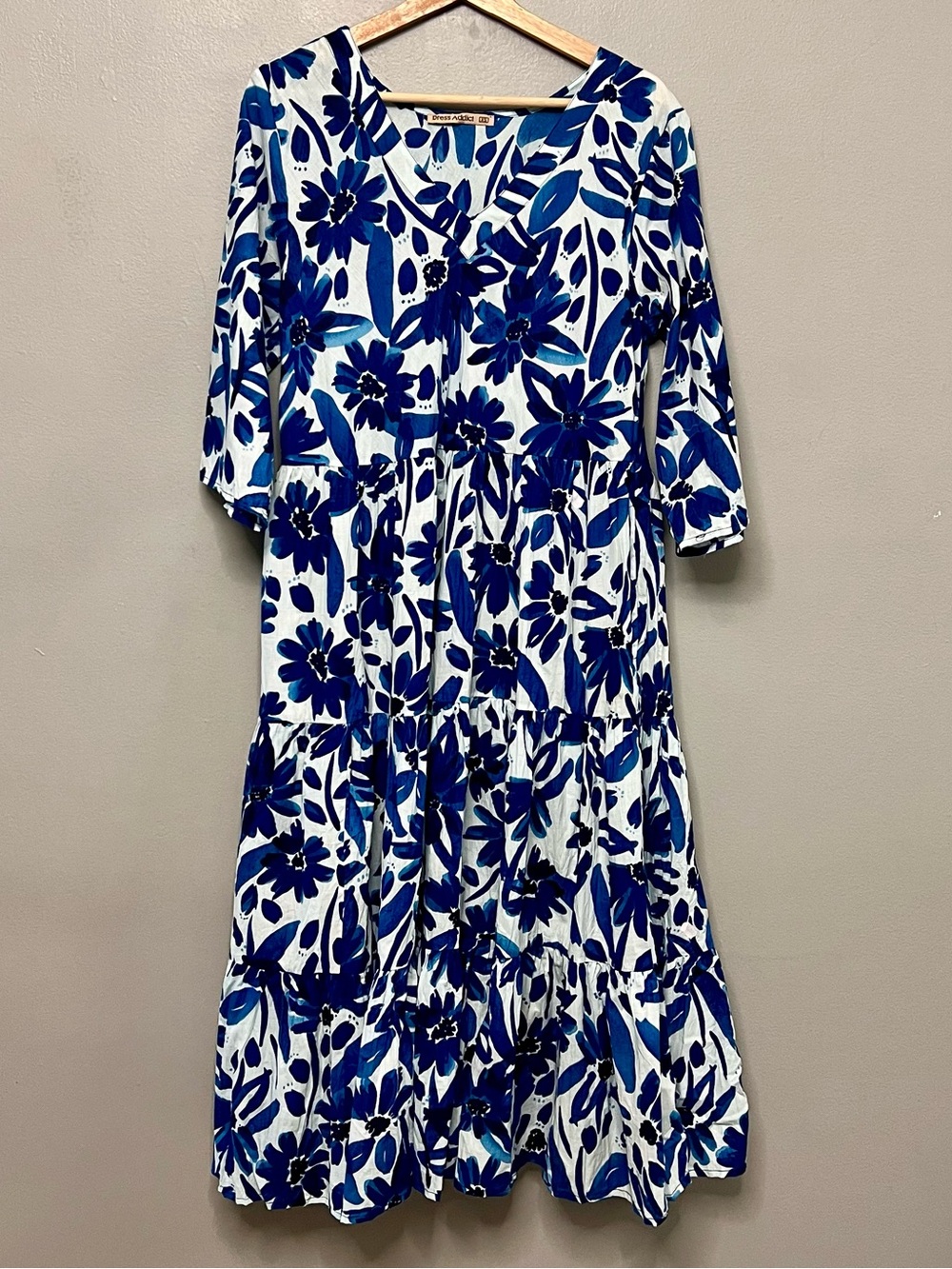 Dress Addict JOK Blue Daisy 100% Organic Cotton Crinkled Tiered Midi/Maxi Dress
